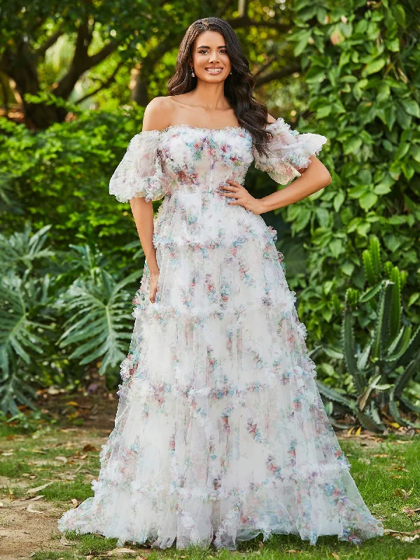 Floral Boho Off Shoulder Ruffle Skirt Tulle Gown Ivory elastic waist skirt