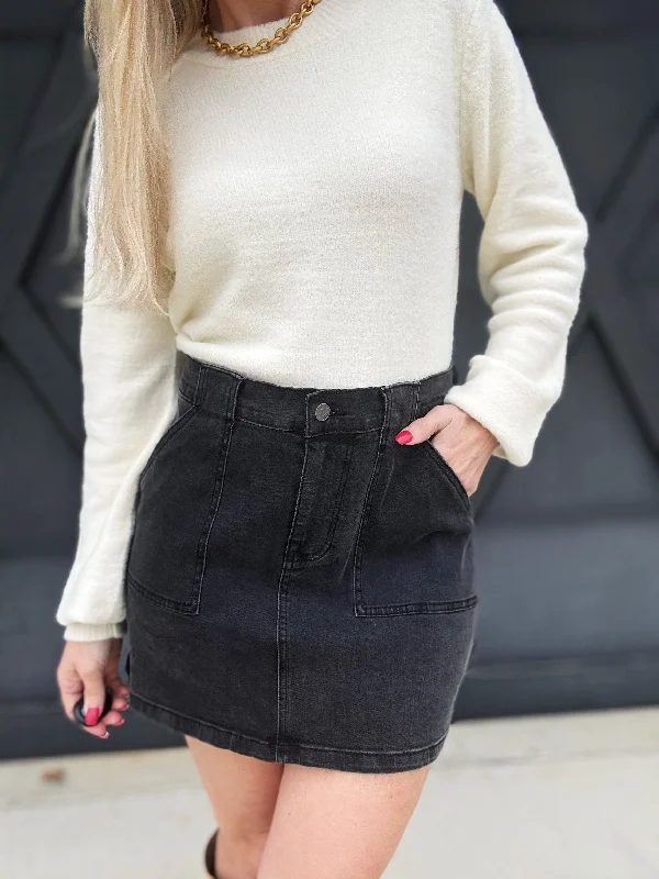 Denim Cargo Mini Skirt In Black lace skirt intricate