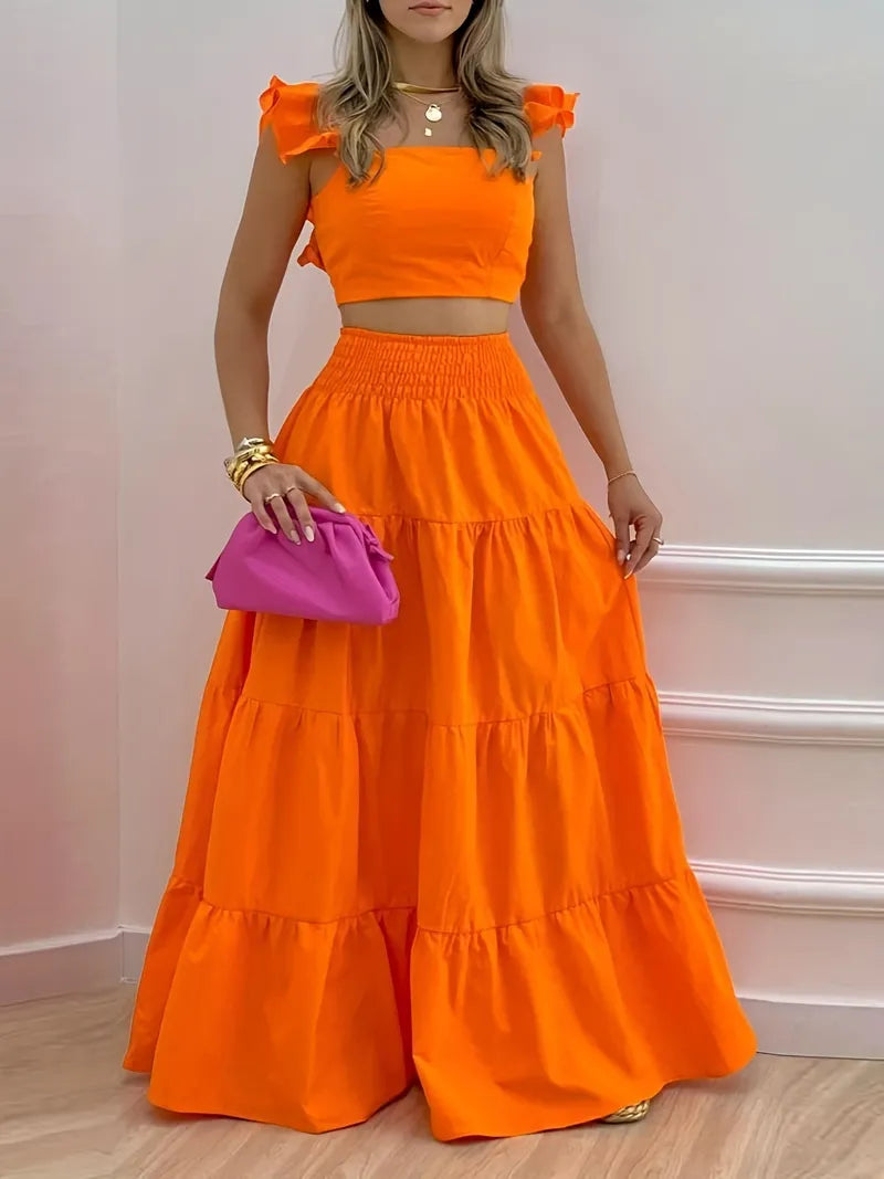 Romantic Orange 2 Piece Skirt Set silk skirt lustrous