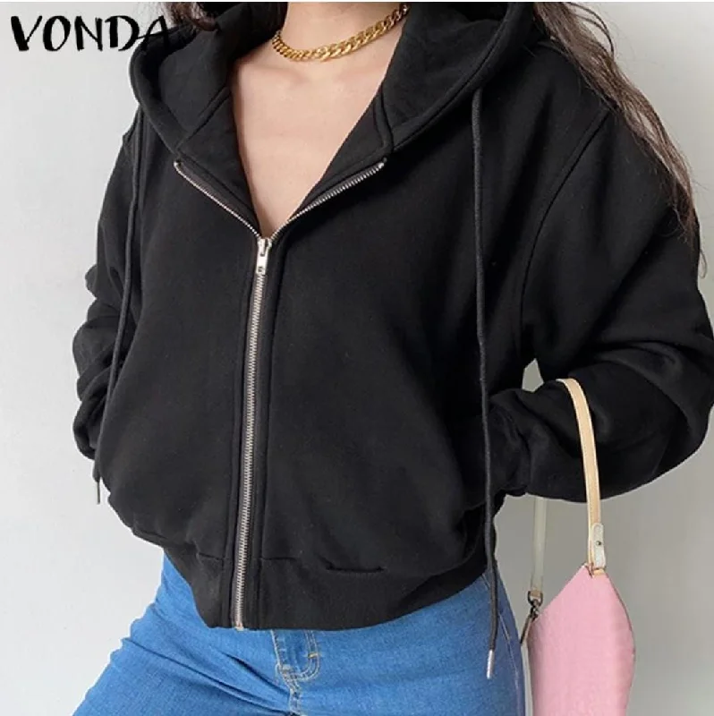 VONDA Spring Women Zipper-Up Sweatshirt Hooded S4384774 Hoodie with Batwing Sleeves Loose Dramatic