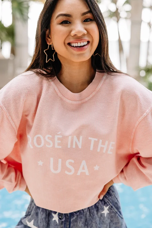 Rose in the USA Blush Pink Corded Graphic Sweatshirt Hoodie with Exposed Zipper Edgy Industrial