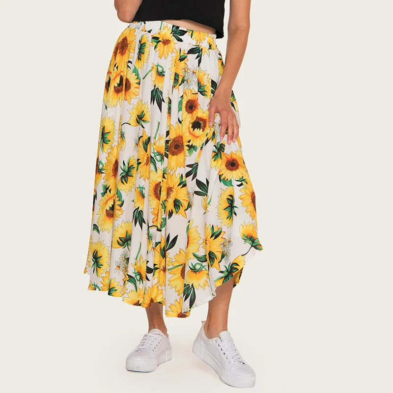 Women Bohemian Sunflower Printed High Waist Skirt velvet skirt rich