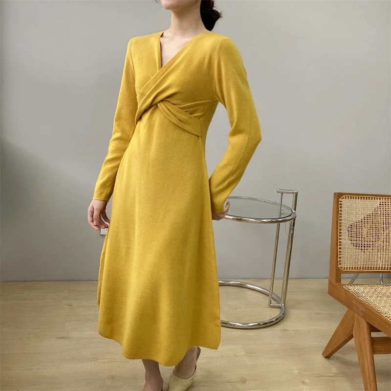 Wjczt Spring and autumn women's casual solid color V-neck long-sleeved knitted slim dress Tunics Versatile functional