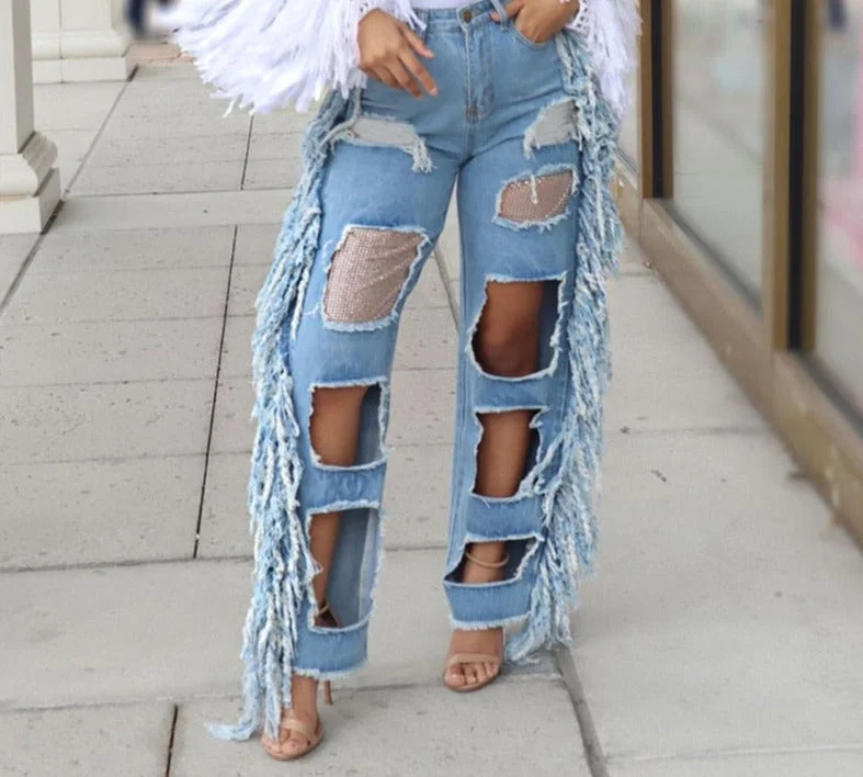 Ripped Hole High Waist Tassel Wide Leg Denim Pants Comfortable Jogger Trousers