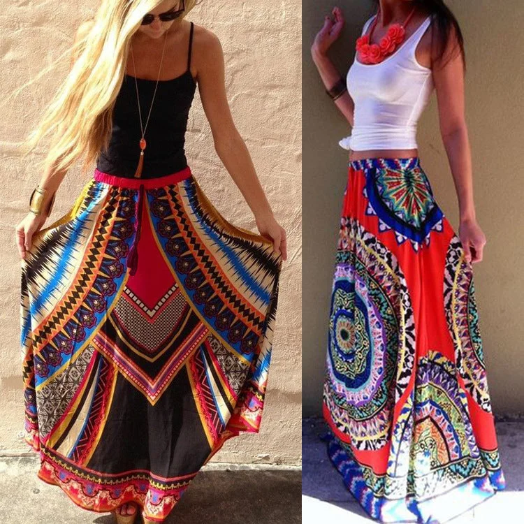 Women Summer A-Line Digital Printing Floor-Length Skirts denim skirt stylish