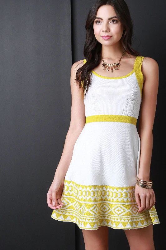 Colorblock Tribal Hem Sleeveless Sweater Dress Striped Floral Plaid