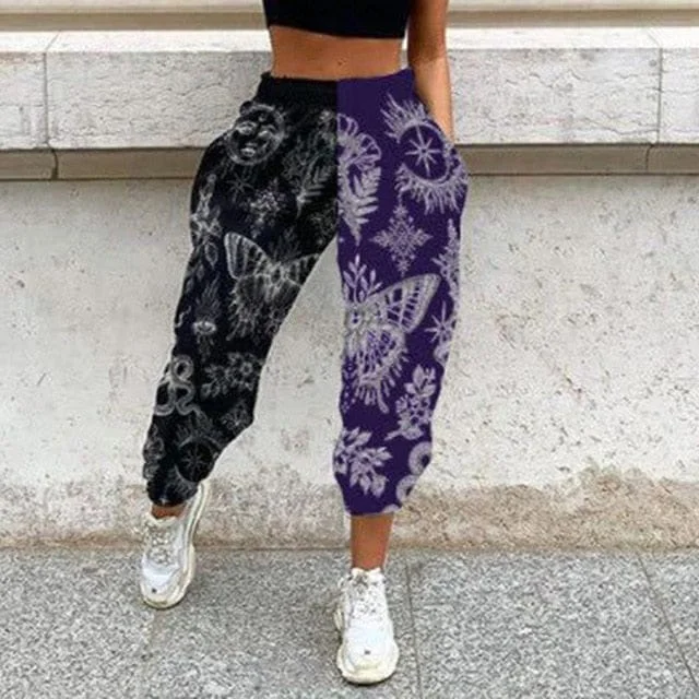Women's Casual Black & Purple Print Elastic Waist Pocket Wide Leg Pants Lightweight Jogger Pants Women's Casual Black & Purple Print Elastic Waist Pocket Wide Leg Pants Lightweight Jogger Pants