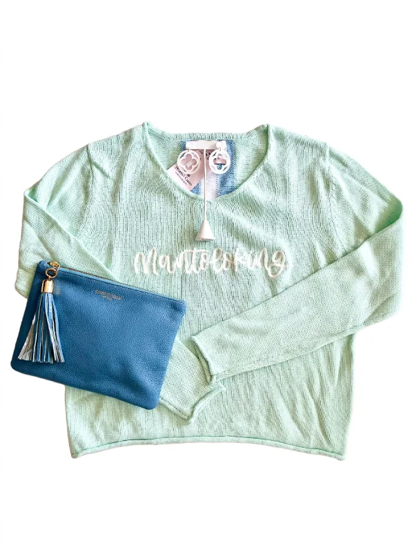 Seafoam with Blue/White Stripe Mantoloking Sweater High Neck Crew Neck V-Neck