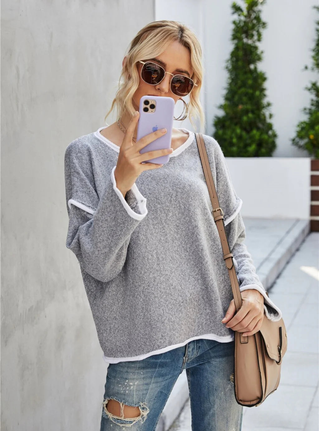 Round Neck Fringed Sweater Oversized Loose Flowy