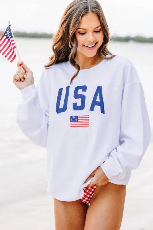 Simply Patriotic White Graphic Corded Sweatshirt Hoodie with Metallic Shiny Futuristic