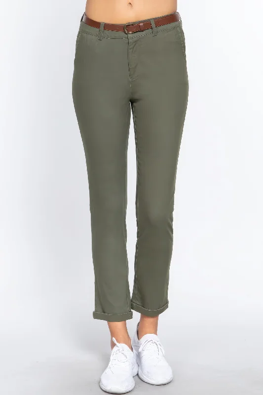 Cotton-span Twill Belted Long Pants Cozy Fitted Pants