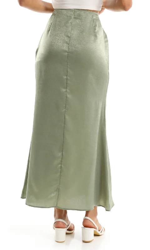 97292 Shiny Maxi Skirt With Side Zipper - Olive zip skirt side