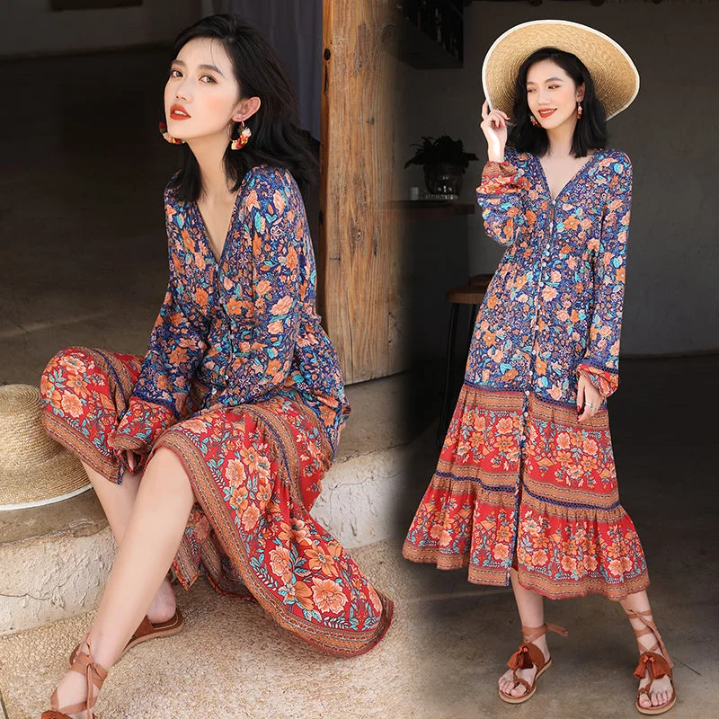 Family style print long skirt chiffon skirt airy