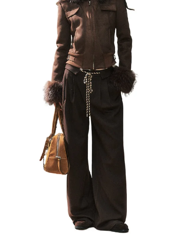 Casual Brown Wide-Leg Pants Elegant Wool Trousers