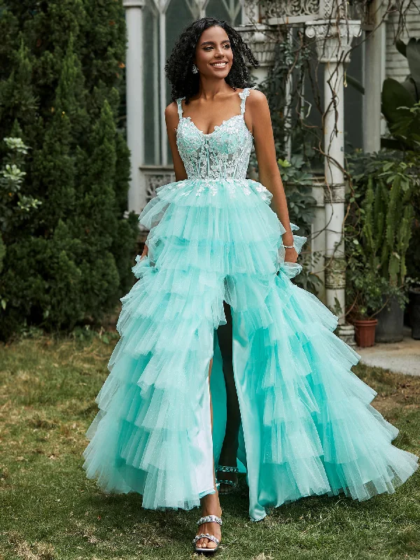 Sweetheart Ruffle Skirt Tiered Tulle Gown With Slit Turquoise athletic skirt fit