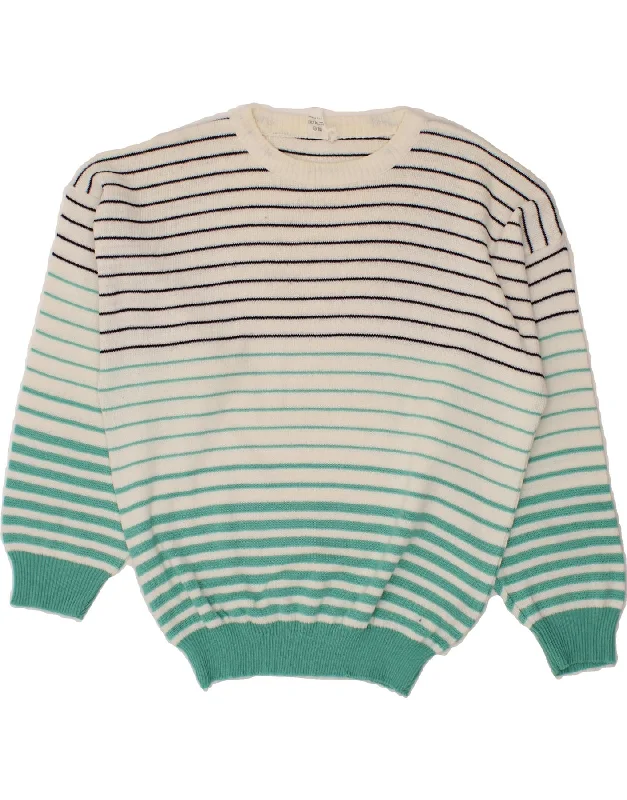 VINTAGE Womens Crew Neck Jumper Sweater UK 10 Small Turquoise Striped Lace Blend Ribbed Blend Corduroy Blend