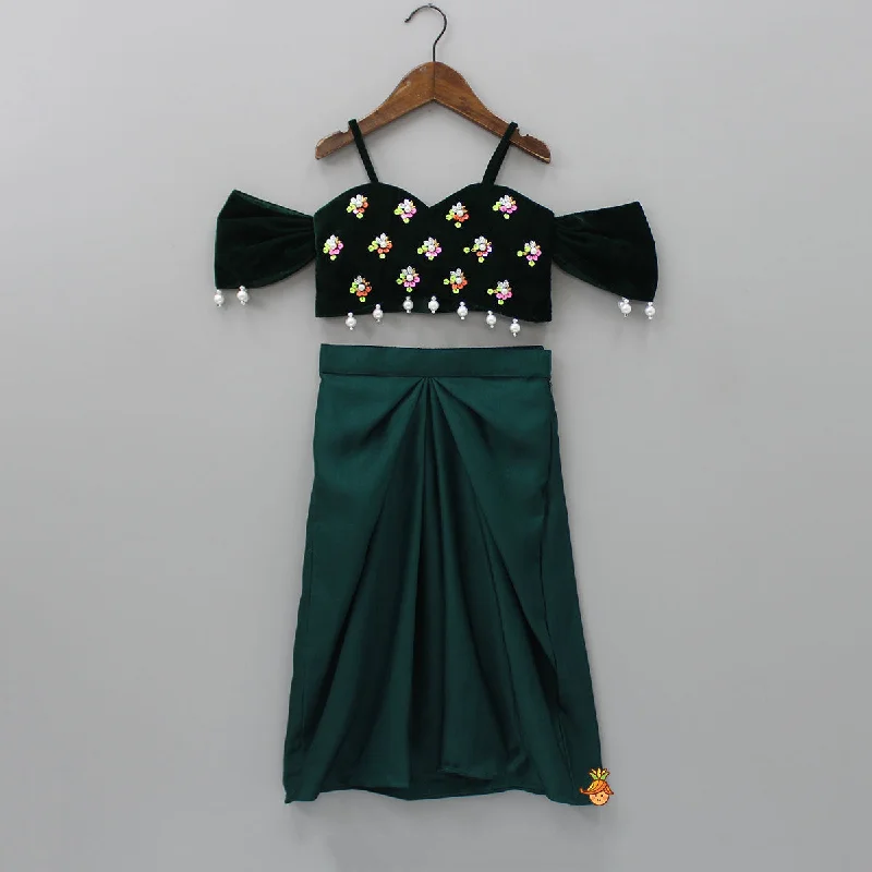 Pre Order: Velvet Green Off Shoulder Top And Dhoti Style Skirt chiffon skirt airy