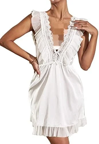 Women's Lace Trim Plunging Neck Ruffle Hem Satin Baby dolls Sleep skirt X4540471 chiffon skirt lightweight