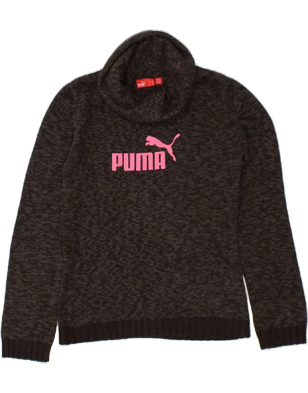 PUMA Womens Graphic Roll Neck Jumper Sweater UK 10 Small Grey Flecked Real Fur Shearling Chenille