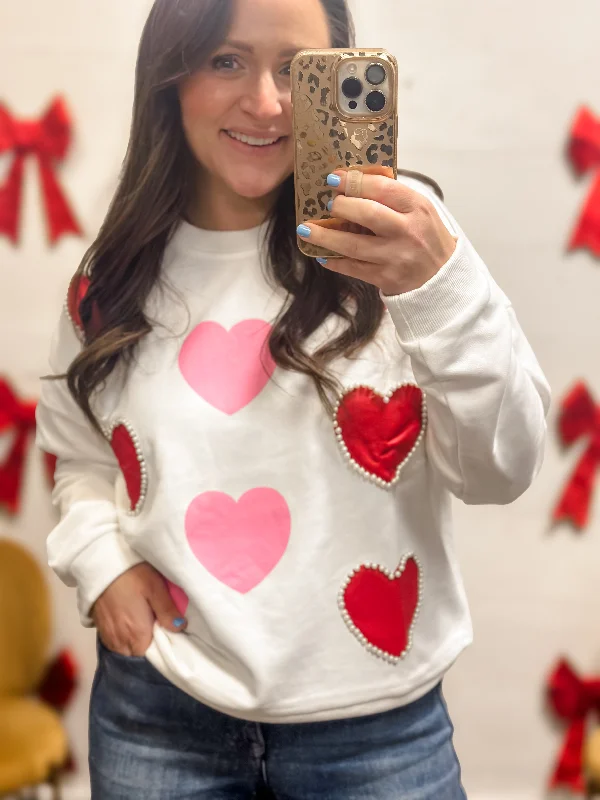 Pearl Embellished Heart Sweater Spandex Blend Rayon Blend Denim Blend