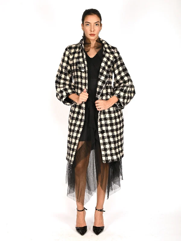 Odette Black And White Flannel Open Front Jacket For Women Fleece Fabric Down Fabric Feather Fabric