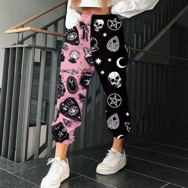 Women's Casual Pink & Black Skull Print Elastic Waist Pocket Wide Leg Pants Trendy High-Waist Trousers Women's Casual Pink & Black Skull Print Elastic Waist Pocket Wide Leg Pants Trendy High-Waist Trousers