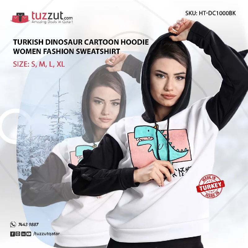 Turkish Dinosaur Cartoon Hoodie Women Fashion Sweatshirt - Black Hoodie with Logo Branding Identity