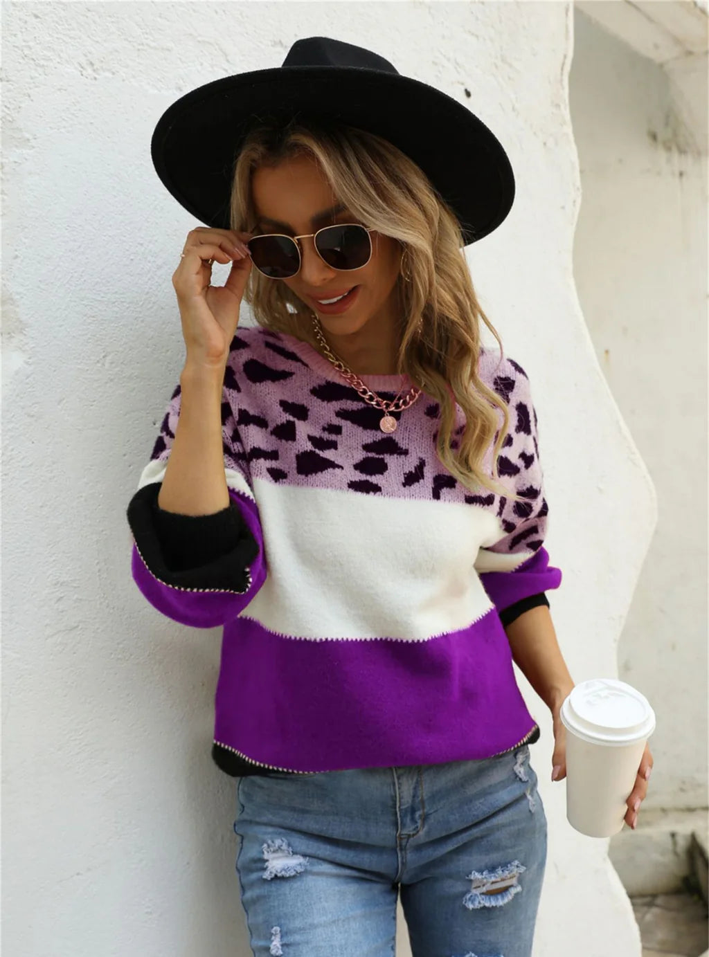 Spliced Leopard Print Round Neck Sweater Slim Fit Regular Fit Oversized