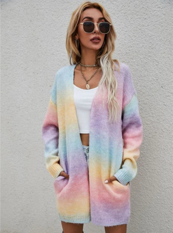 Rainbow Tie-dyed Long Sweater Coat Modern Contemporary Chic