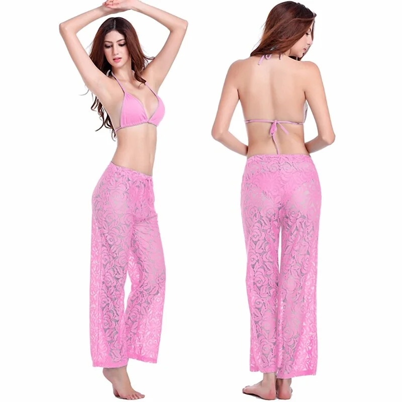 Hot Sales Sexy Women's Beach Wear 2019 Leisure Loose Style Adjustable Waist - Tie Floral Sexy Long Lace Beach Pant Trendy Work Pants