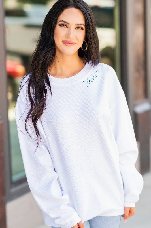 Teacher White Corded Embroidered Sweatshirt Hoodie with Ribbed Hem Stretchable Secure