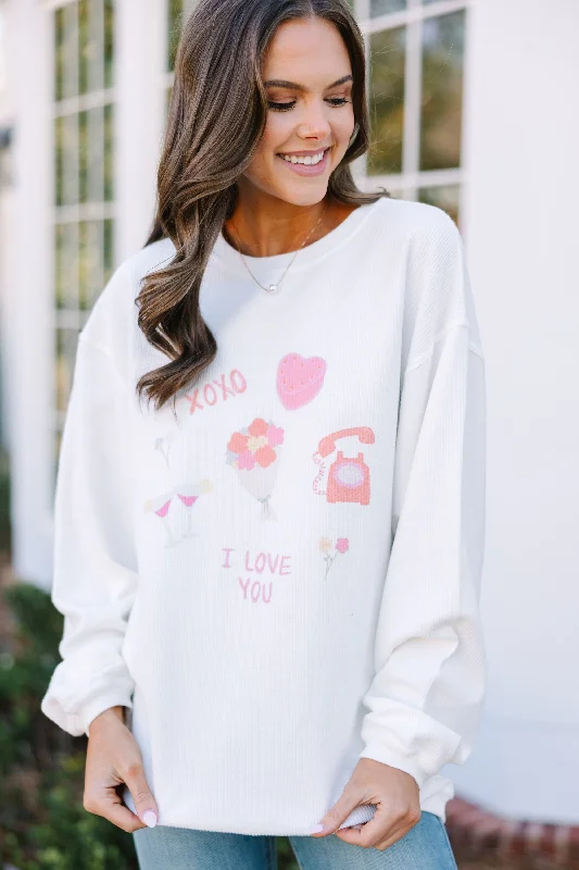 All For Love White Corded Graphic Sweatshirt Hoodie with Half-Zip Sporty Casual