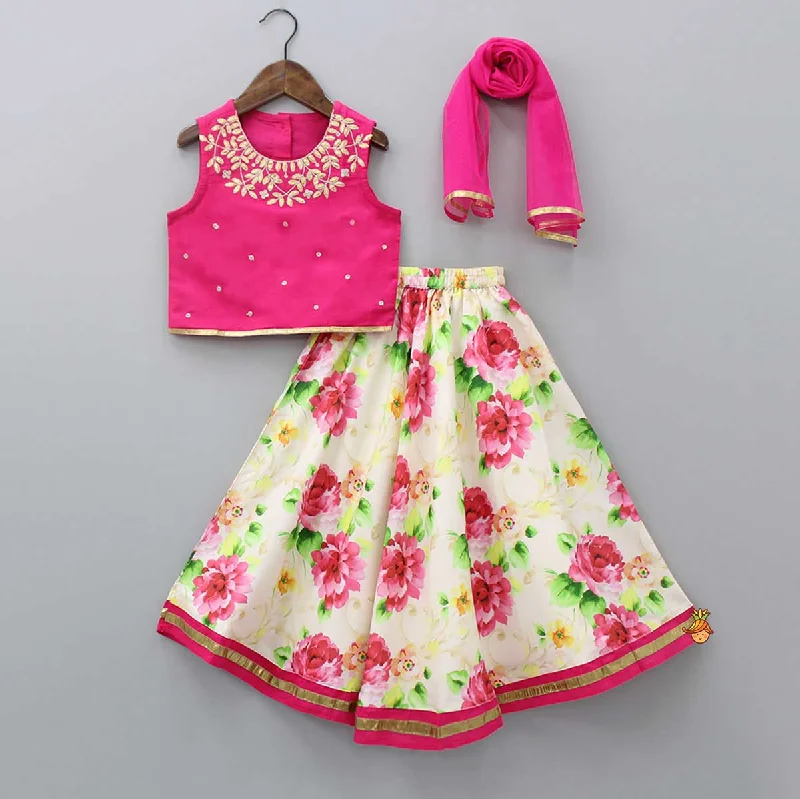 Pink Top With Floral Printed Skirt And Dupatta leather skirt bold