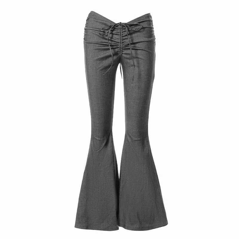 Gray V-Cut Lace-Up Polyester Bell Pants Comfortable Pleated Pants