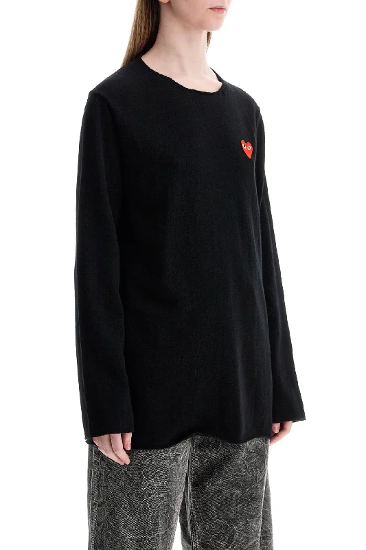 Comme Des Garcons Play Black Wool Sweater With Red Heart Logo And Wide Neck Welt Pockets Slit Pockets Flap Pockets Comme Des Garcons Play Black Wool Sweater With Red Heart Logo And Wide Neck Welt Pockets Slit Pockets Flap Pockets