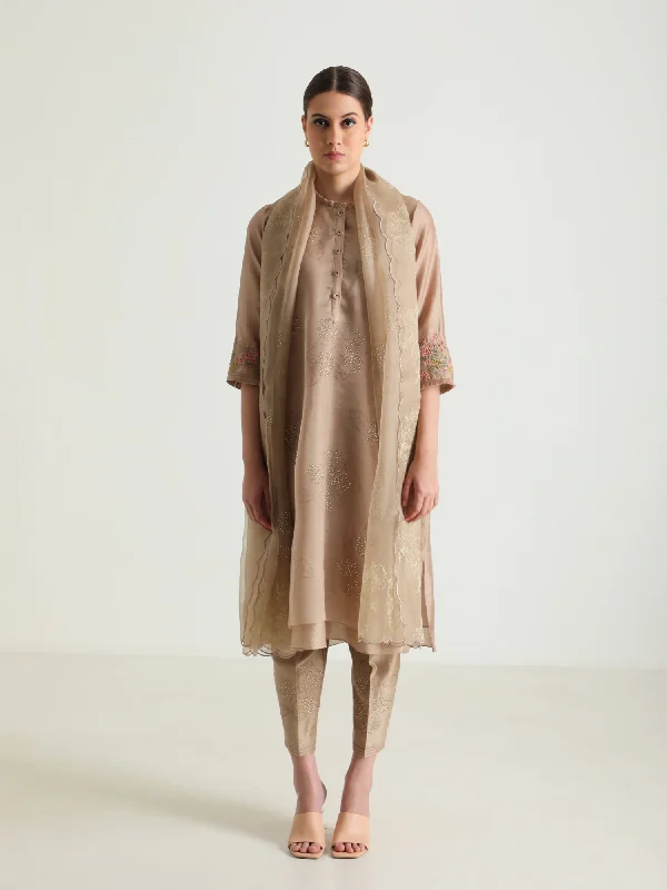 Beige Double Layer Tunic & Silk Chanderi Pant With Dupatta Comfortable Jogger Trousers