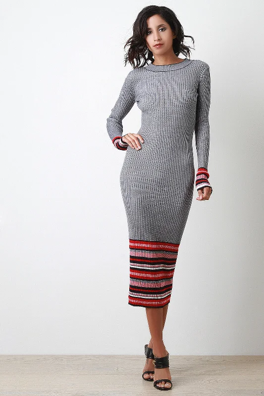 Striped Hem Ribbed Knit Dress Tunics Office stylish