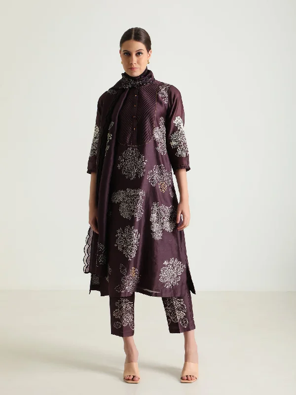 Printed Lavender Tunic & Printed Straight Pants With Dupatta High-Waist Jogger Pants