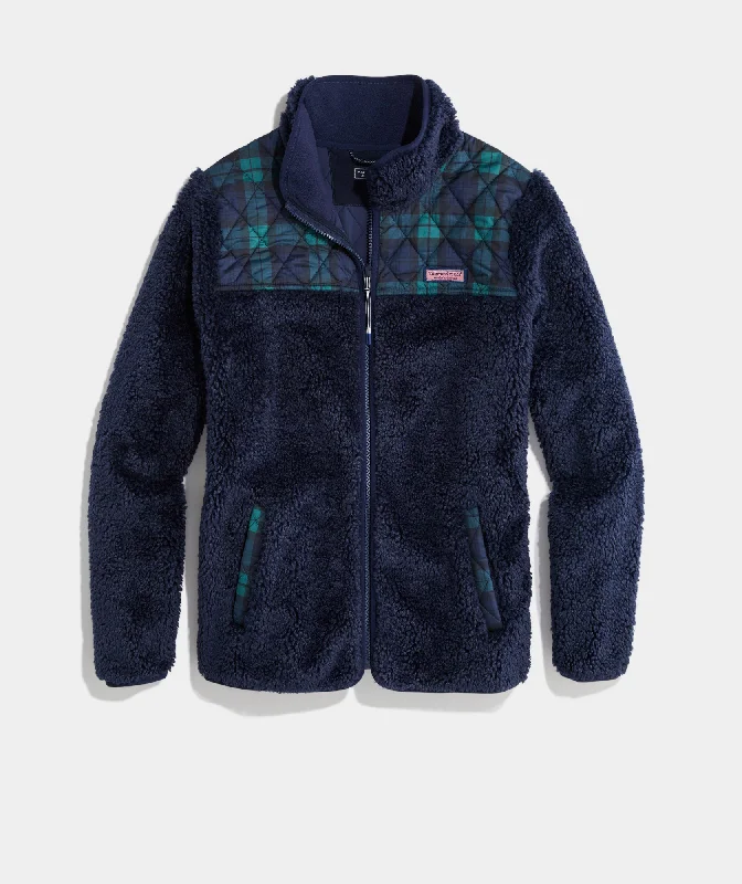 Vineyard Vines Womens Heritage High-Pile Fleece Mixed Print Full-Zip Jacket Knit Jacket Woven Jacket Fleece Jacket