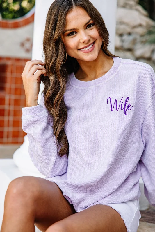 Wife Lilac Purple Corded Embroidered Sweatshirt Hoodie with V-Neck Classic Versatile