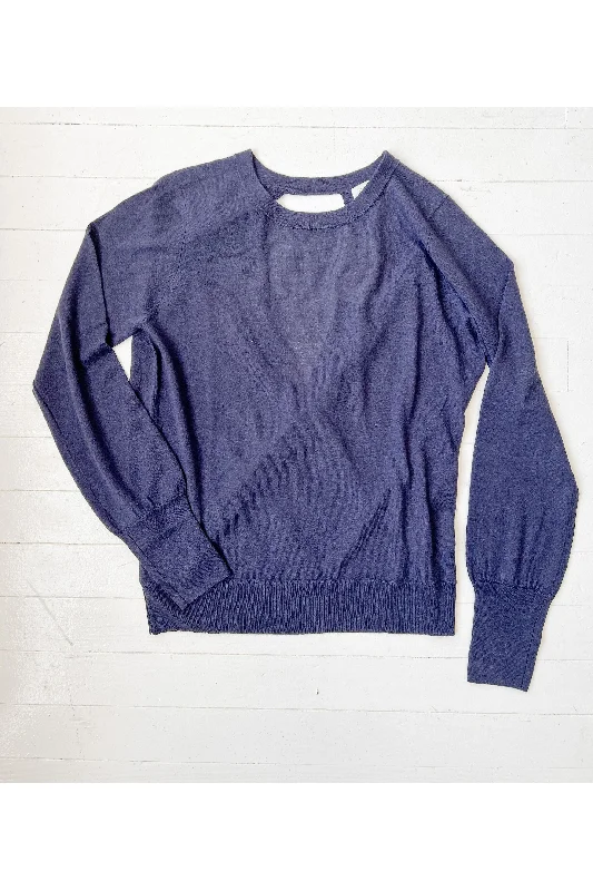 Navy Silk Keyhole Open Back Sweater Striped Floral Plaid