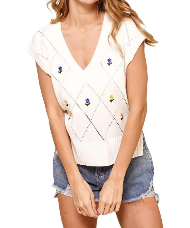 Ashley Floral Embroidered Sweater Vest In Off-White Zippered Front Buttoned Front Snap Front