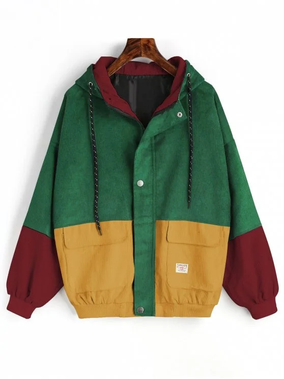 Green Hooded Color Block Corduroy Jacket Insulated Jacket Fitted Jacket Loose Jacket Green Hooded Color Block Corduroy Jacket Insulated Jacket Fitted Jacket Loose Jacket