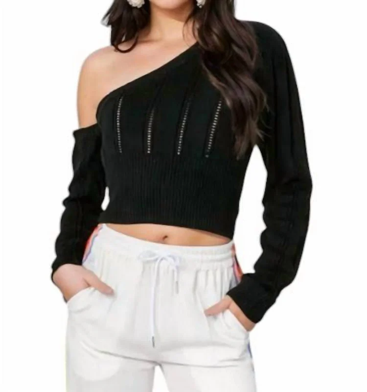 Kendra Pointelle Knit One-Shoulder Sweater Top In Black Chenille Fabric Brocade Fabric Lace Fabric