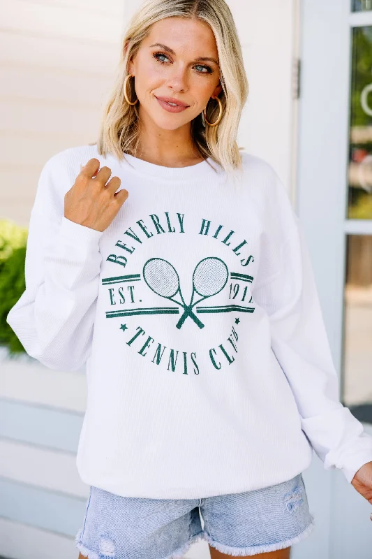 Beverly Hills Tennis Club White Graphic Corded Sweatshirt Hoodie with Earth Tones Natural Calm