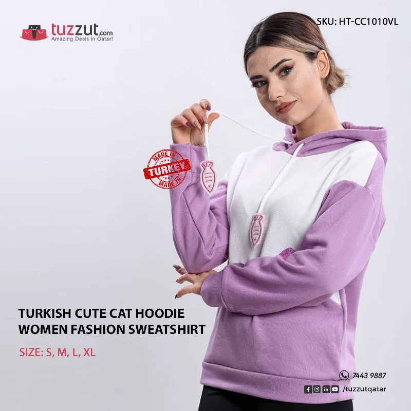 Turkish Cute Cat Hoodie Women Fashion Sweatshirt - Violet Cotton Hoodie Fleece Lining Warmth