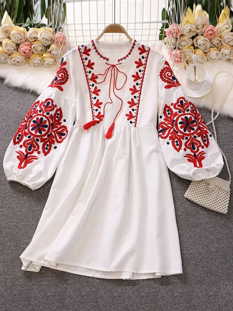 Wjczt Spring Autumn Women's Retro Ethnic Embroidered Dress Lantern Sleeves Bohemian Holiday Dress Women GD678 Tunics Bestseller popular