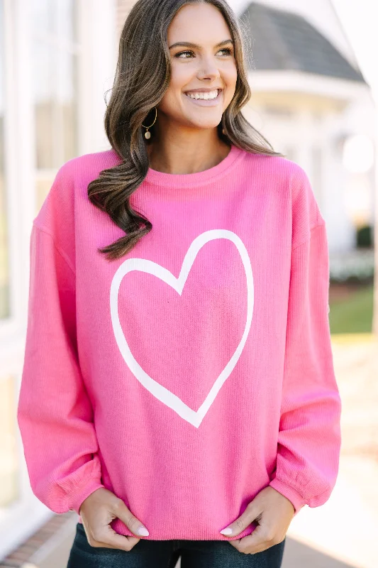 All The Love To Give Fuchsia Pink Graphic Corded Sweatshirt Hoodie with Turtle Neck Cozy Winter