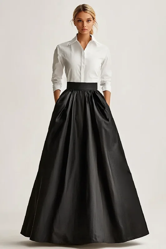 Full Length Black Satin A Line Skirt with Pcokets denim skirt trendy