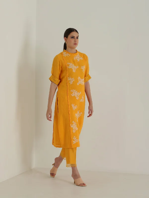 Mustard Tunic & Silk Chanderi Pants Without Dupatta Relaxed Lounge Trousers